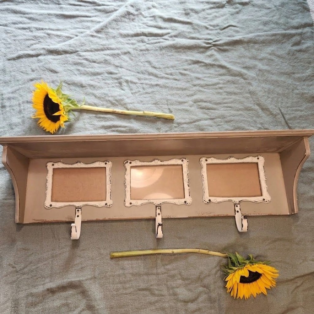 Shabby Chic Wall Shelf with 3 Picture Frames and Hooks Distressed Taupe White